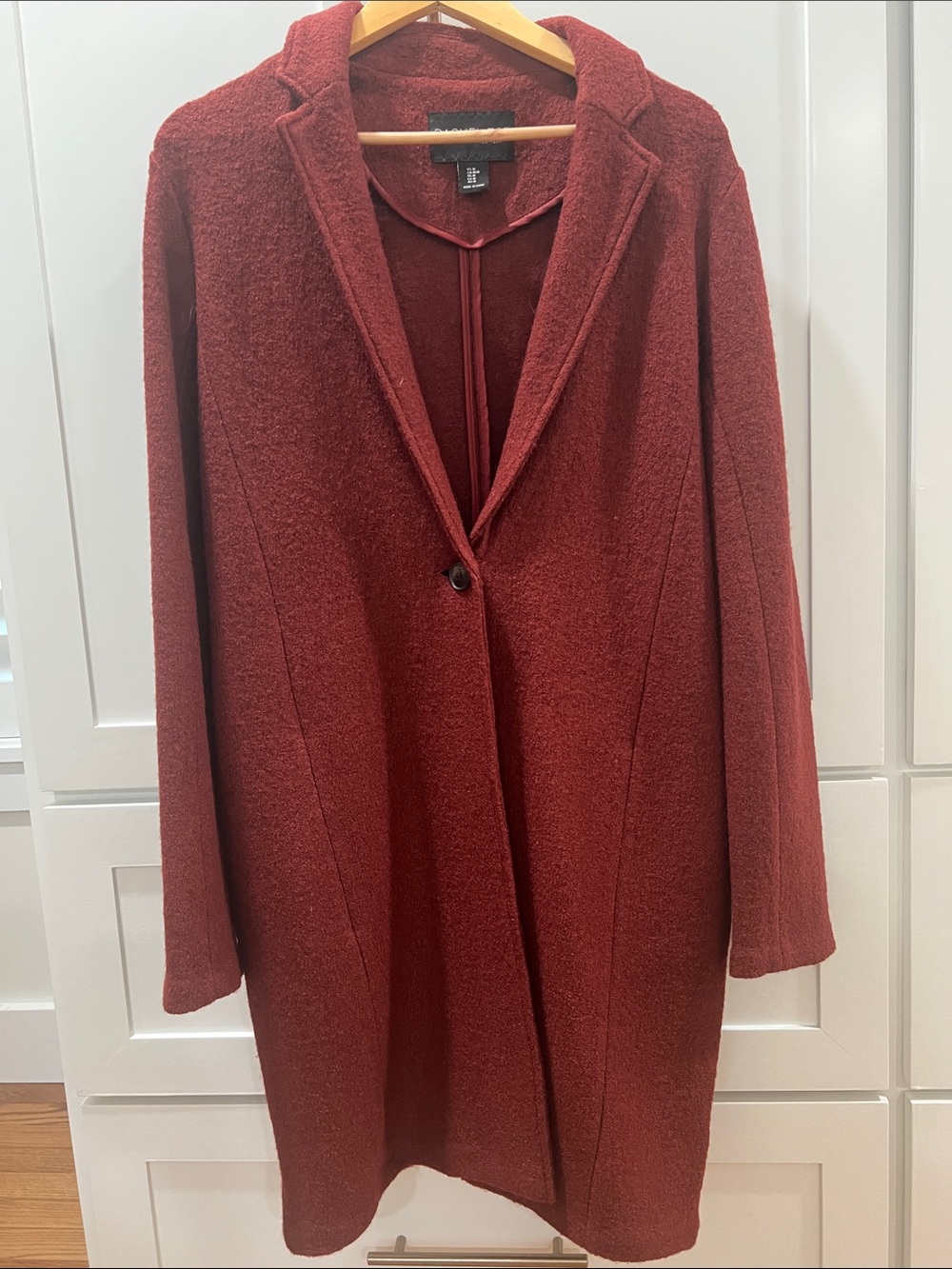 Wool-Blend Burgundy Single-Button Coat. Length from top to bottom 38 inches.